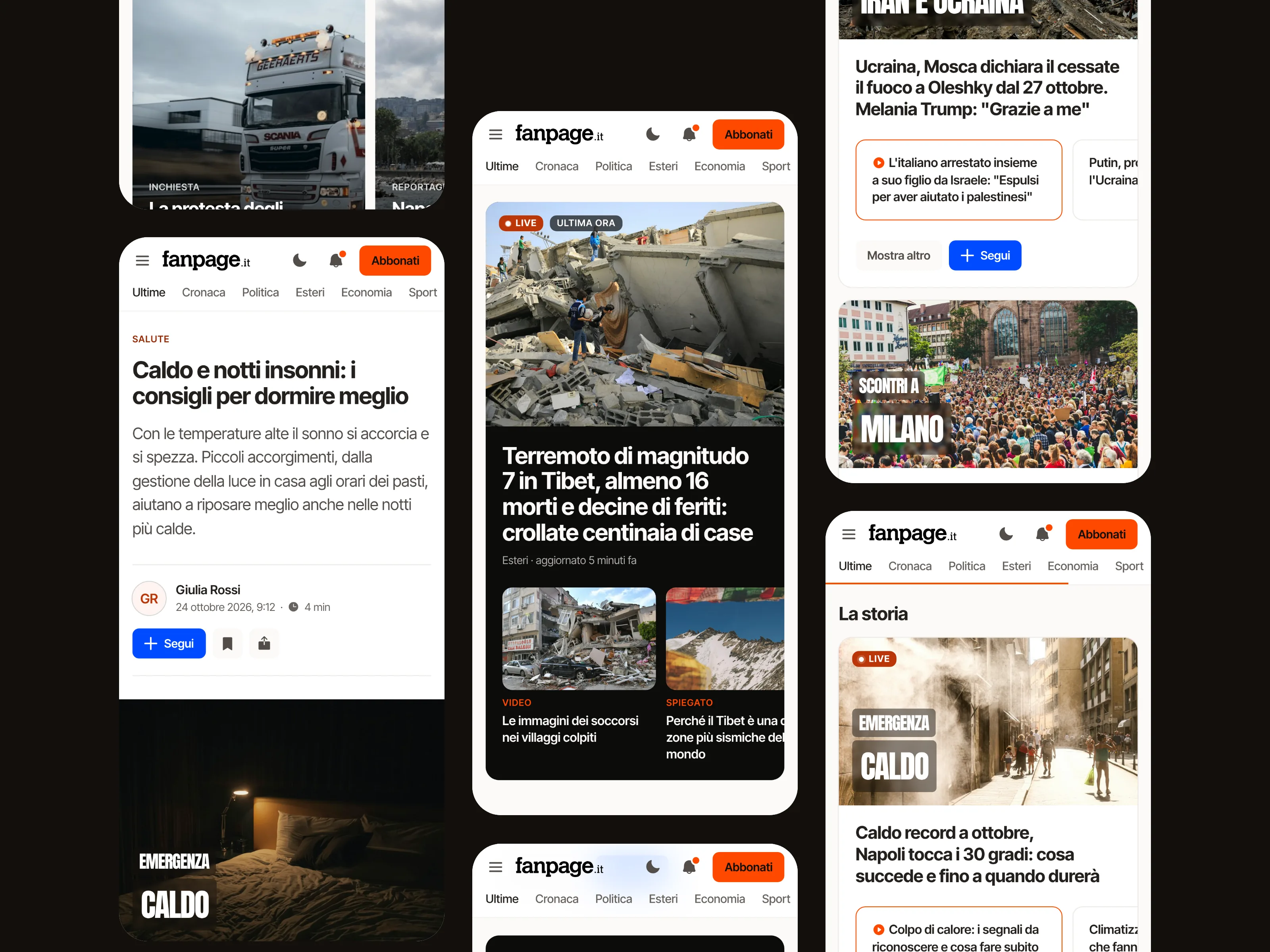 Six screens of the Fanpage.it concept: homepage, story newsboxes, article and opinions