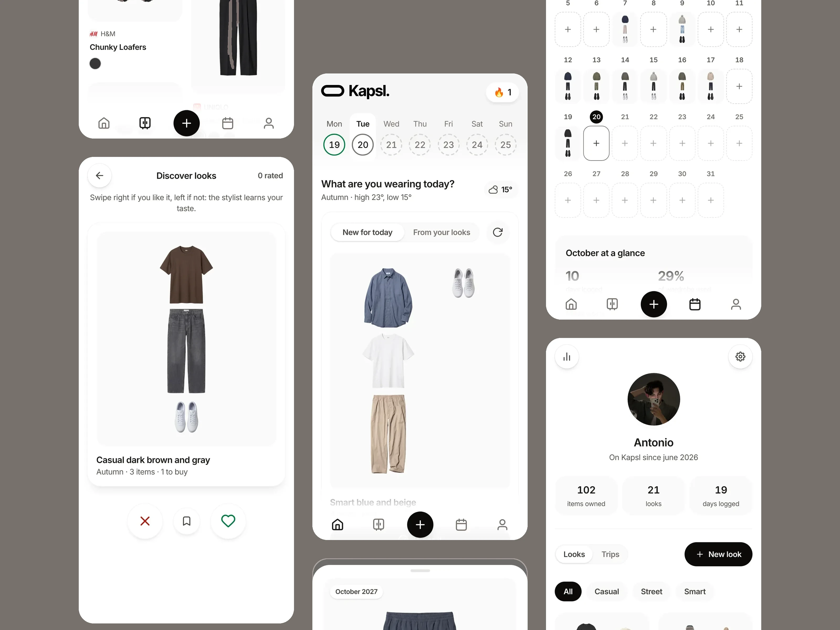 Kapsl on three phones: the Discover deck, the Today screen and Today in dark mode