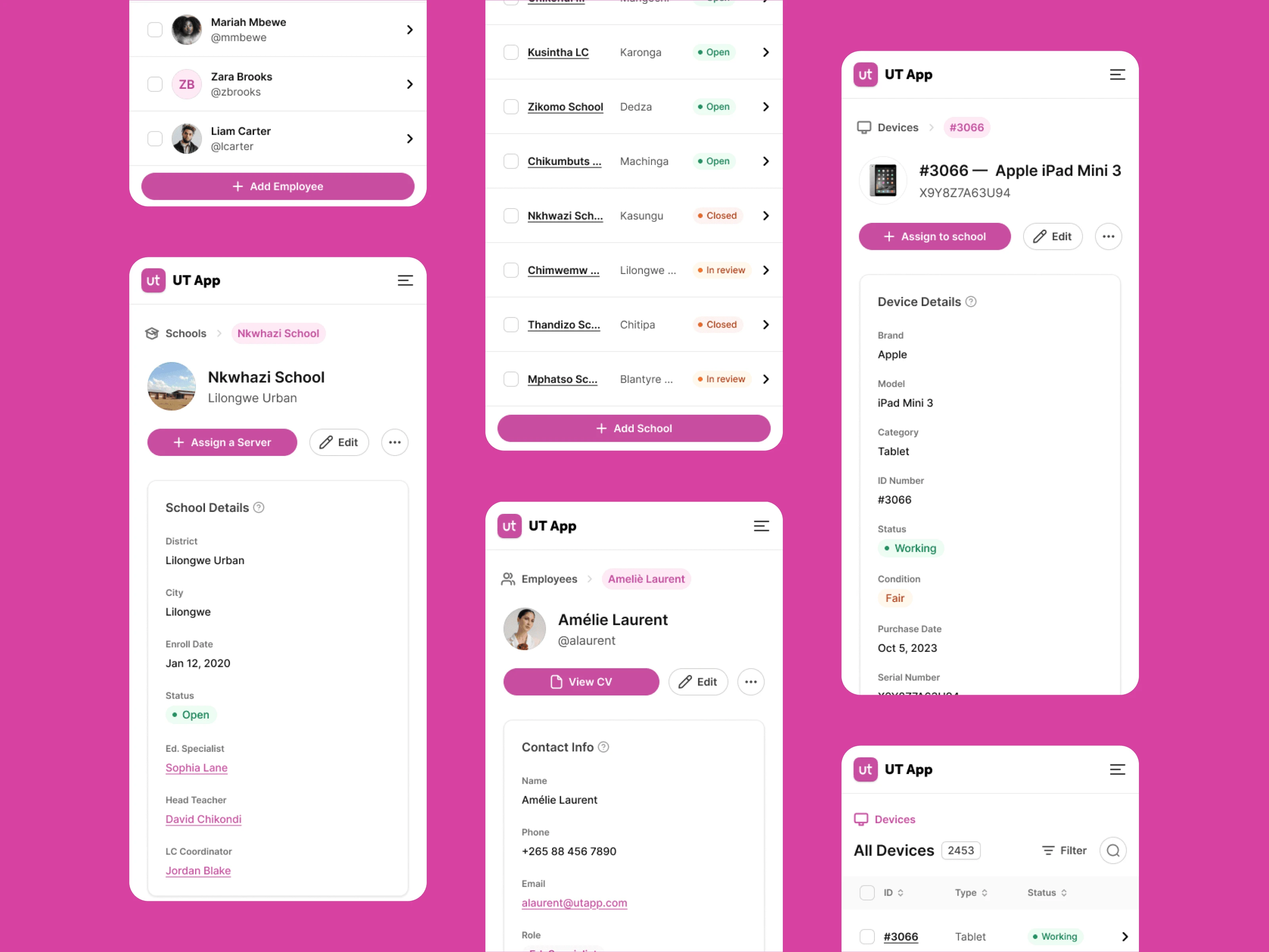 UT App screens: device details, school list and device status